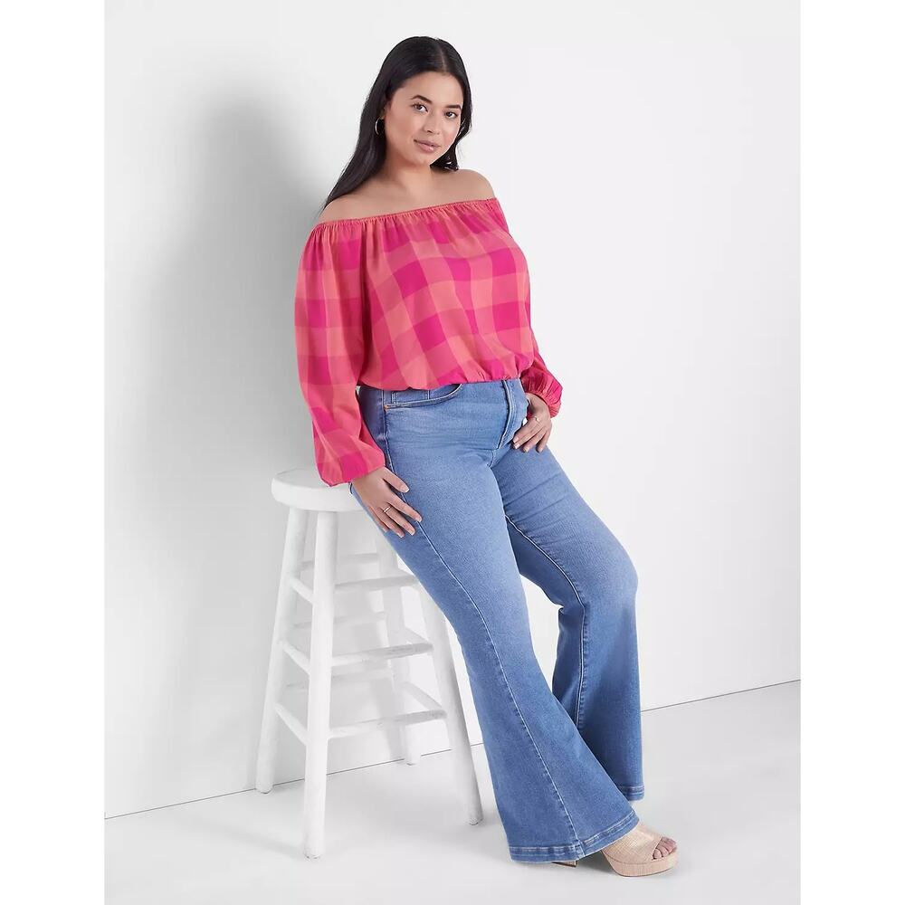 Lane Bryant Pink Gingham Off Shoulder Crop Peasant Top 18/20 Plus Size Date EUC